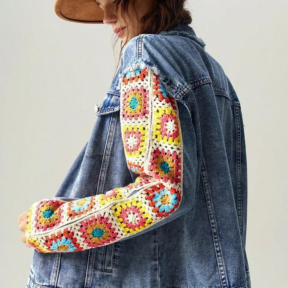 Boho Women's Floral Print Drop Shoulder Long Sleeve Woven denim Jacket Blue - Picture 5 of 8